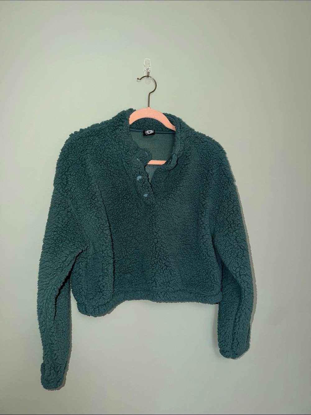 PacSun Cropped Sherpa Pullover M Teal Green Quarter Button